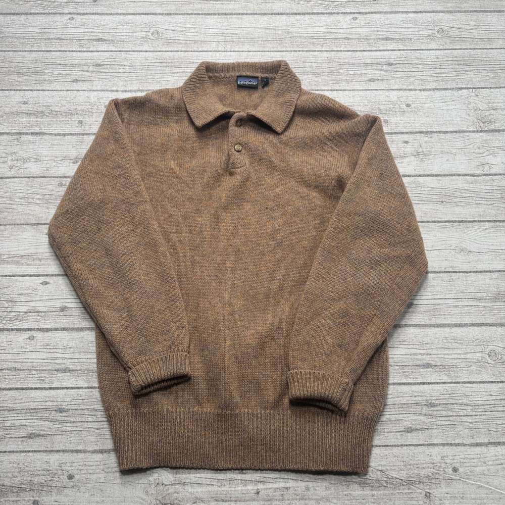 Patagonia Polo Sweater Men's Medium Brown Cable Knit Long Sleeve Outdoor Preppy